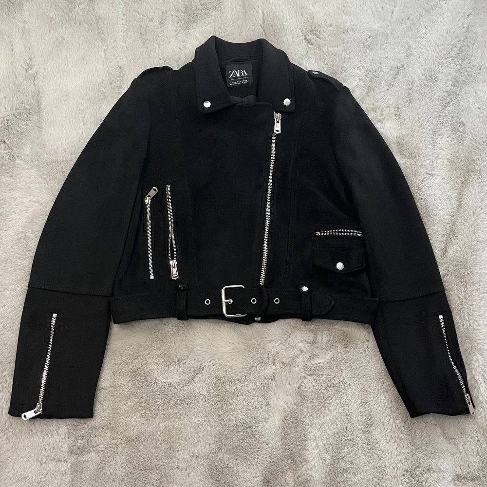 ZARA cropped black velvet zippered jacket